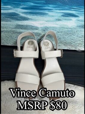 👟Vince Camuto Women White Pebbled Leather Gold Block Heel Buckle Sandals Size11